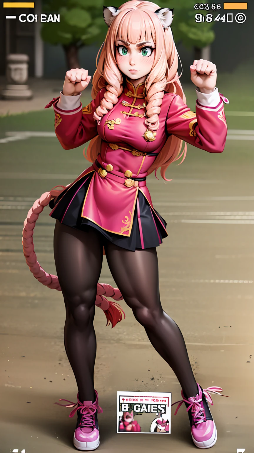  tiger ears, tiger tails, martial art, medium chest, pink hair, skirt, jacket, godess,1girl,coat,standing,, solo focus.1character,,refsheet, character focus, 1character,fangs, cloused mouth,pink hair, green eyes, chinese dress, tomboy,shoes, full body, martial pose karate