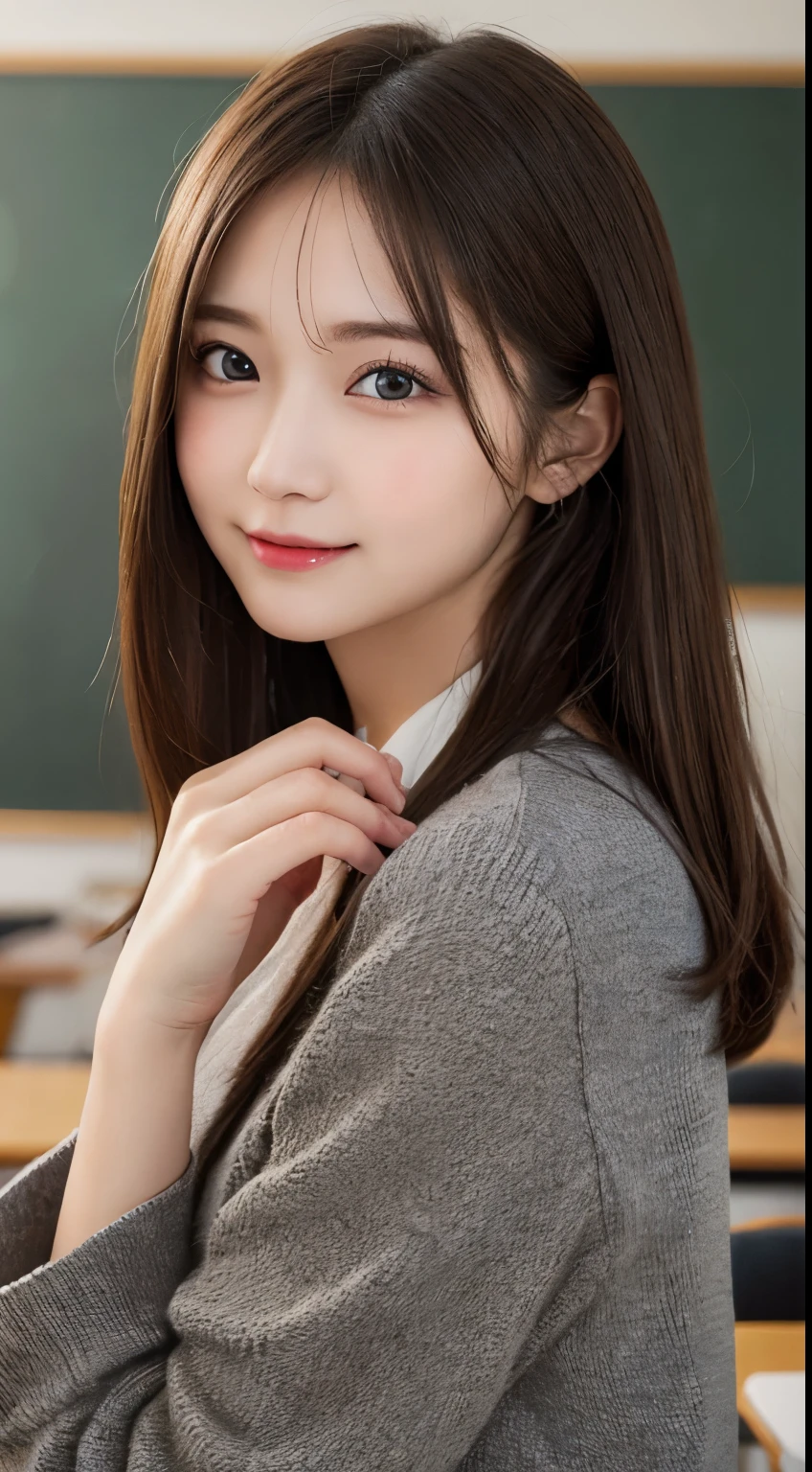 Tabletop, highest quality, figure, Very detailed, In detail, High resolution, 8k wallpaper, Perfect dynamic composition, Beautiful fine details, suit,Medium Hair, Natural color lip, Random sexy poses,smile,classroom、20-year-old girl、A vivid face、real skin、Realistic eyes、cute