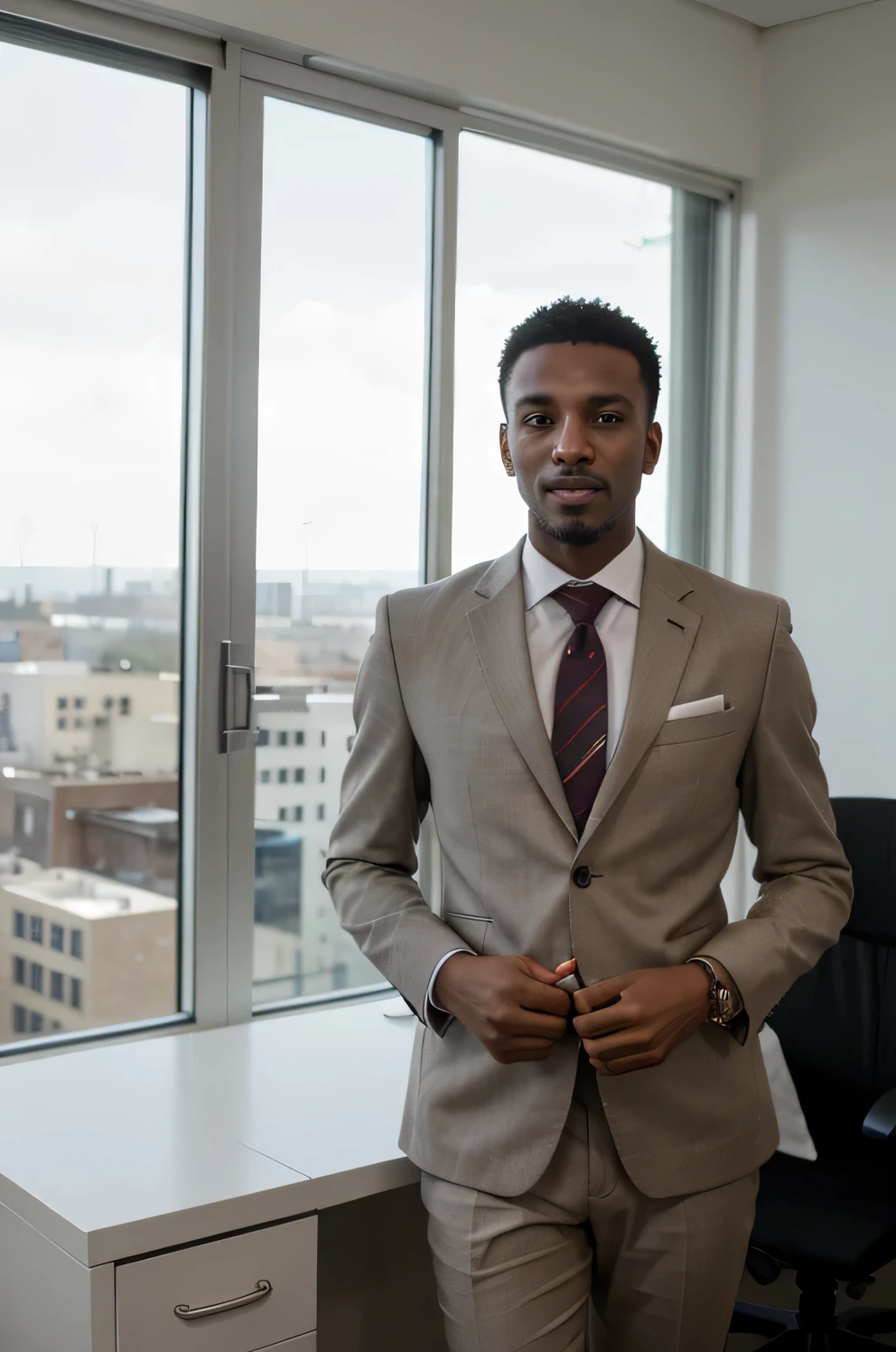 A somali man who is an entrepreneur, successful trader and Politician. Also wearing suit and looking forward to the future at top of his office at tower