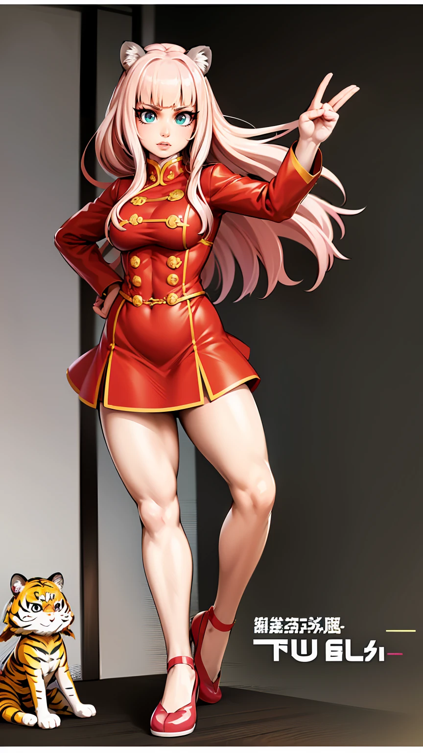 tiger ears, tiger tails, martial art, medium chest, pink hair, skirt, jacket, godess,1girl,coat,standing,, solo focus.1character,,refsheet, character focus, 1character,fangs, cloused mouth,pink hair, green eyes, chinese dress, tomboy,shoes, full body, martial pose karate, kemono mimi, solo focus,