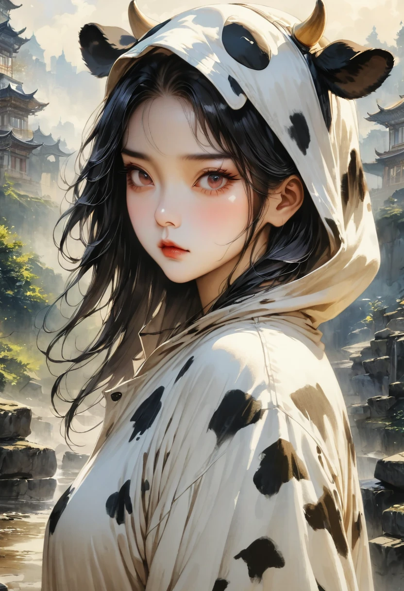 girl, alone, Cow pajamas, cute panda, watercolor, realistic, detailed background, (masterpiece, best quality, perfect composition, very aesthetic, absurdres, ultra-detailed, intricate details, Professional, official art, Representative work:1.3), (Animagine:0.01)