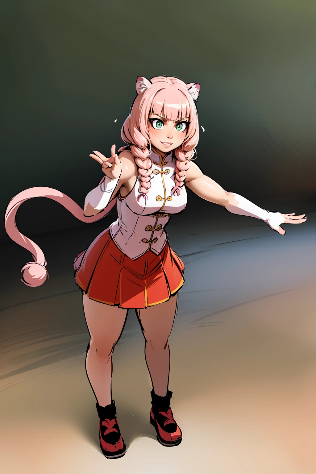 tiger ears, tiger tails, martial art, medium chest, pink hair, skirt, jacket, godess,1girl,coat,standing,, solo focus.1character,,refsheet, character focus, 1character,fangs, cloused mouth,pink hair, green eyes, chinese dress, tomboy,shoes, full body, martial pose karate, kemono mimi, solo focus,