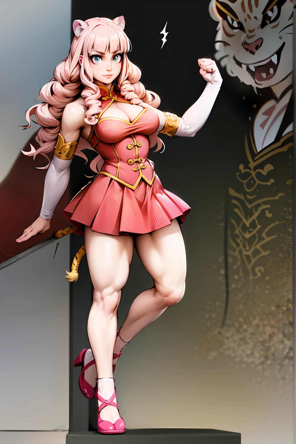 tiger ears, tiger tails, martial art, medium chest, pink hair, skirt, jacket, godess,1girl,coat,standing,, solo focus.1character,,refsheet, character focus, 1character,fangs, cloused mouth,pink hair, green eyes, chinese dress, tomboy,shoes, full body, martial pose karate, kemono mimi, solo focus,