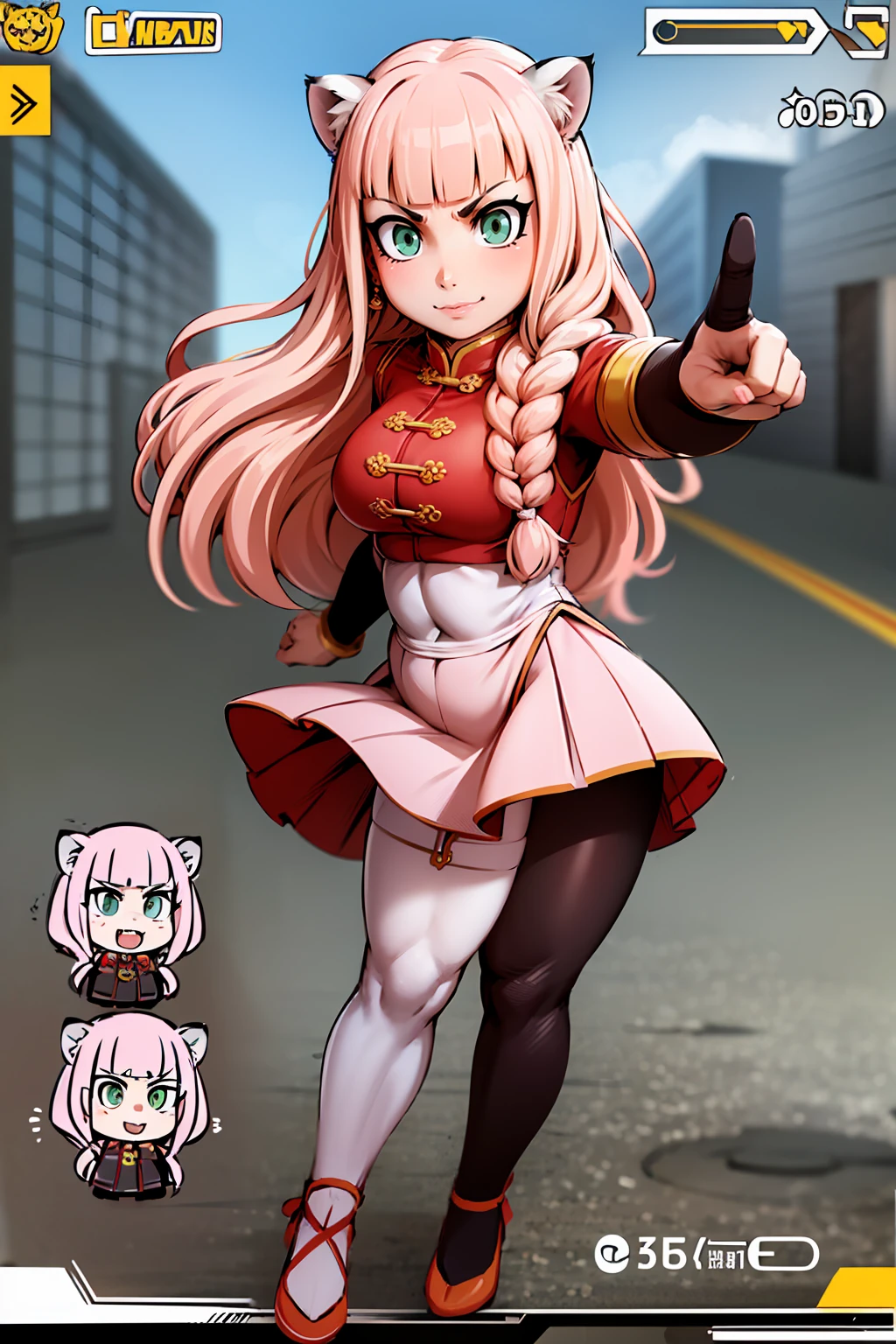 tiger ears, tiger tails, martial art, medium chest, pink hair, skirt, jacket, godess,1girl,coat,standing,, solo focus.1character,,refsheet, character focus, 1character,fangs, cloused mouth,pink hair, green eyes, chinese dress, tomboy,shoes, full body, martial pose karate, kemono mimi, solo focus,