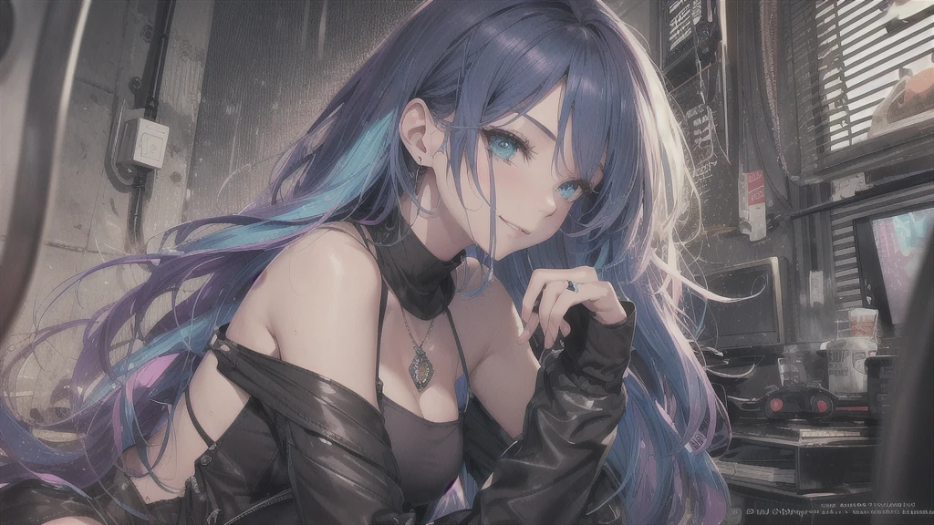 highest quality, Best image quality, girl, 20 years old, medium bust, plump breasts, sparkling amber eyes, aqua eyes, eye reflection, long upper lashes, (((rainbow hair))), long messy hair, Wavy, Top ponytail, ((Black sexy strapless short tube top)), leather jacket, (white denim hot pants), ((Black thigh socks)), Smile, glowing headphones, Diamond earrings, wristband, necklace, ring, ((squat on the chair)), in front of a computer, Playing video games, Leaning forward, Open one shoulder, elated, naughty face, Look at the computer, light blush, beautiful art, background((Hacker Room, Server room, neon lights, braces, notebook)), flight, Debris flying, writing border depth, Movie, visual art, Perfect art, real, Verism, anime style, glowing light, cinematic lighting, chiaroscuro, ray tracing, 8K, masterpiece, super textured skin, super detail face, perfect face, Super fine facial details, beautiful and delicate eyes, perfect eyes, correct limbs, correct figner, super detail figner, best hair quality, best clothing quality, best prop quality