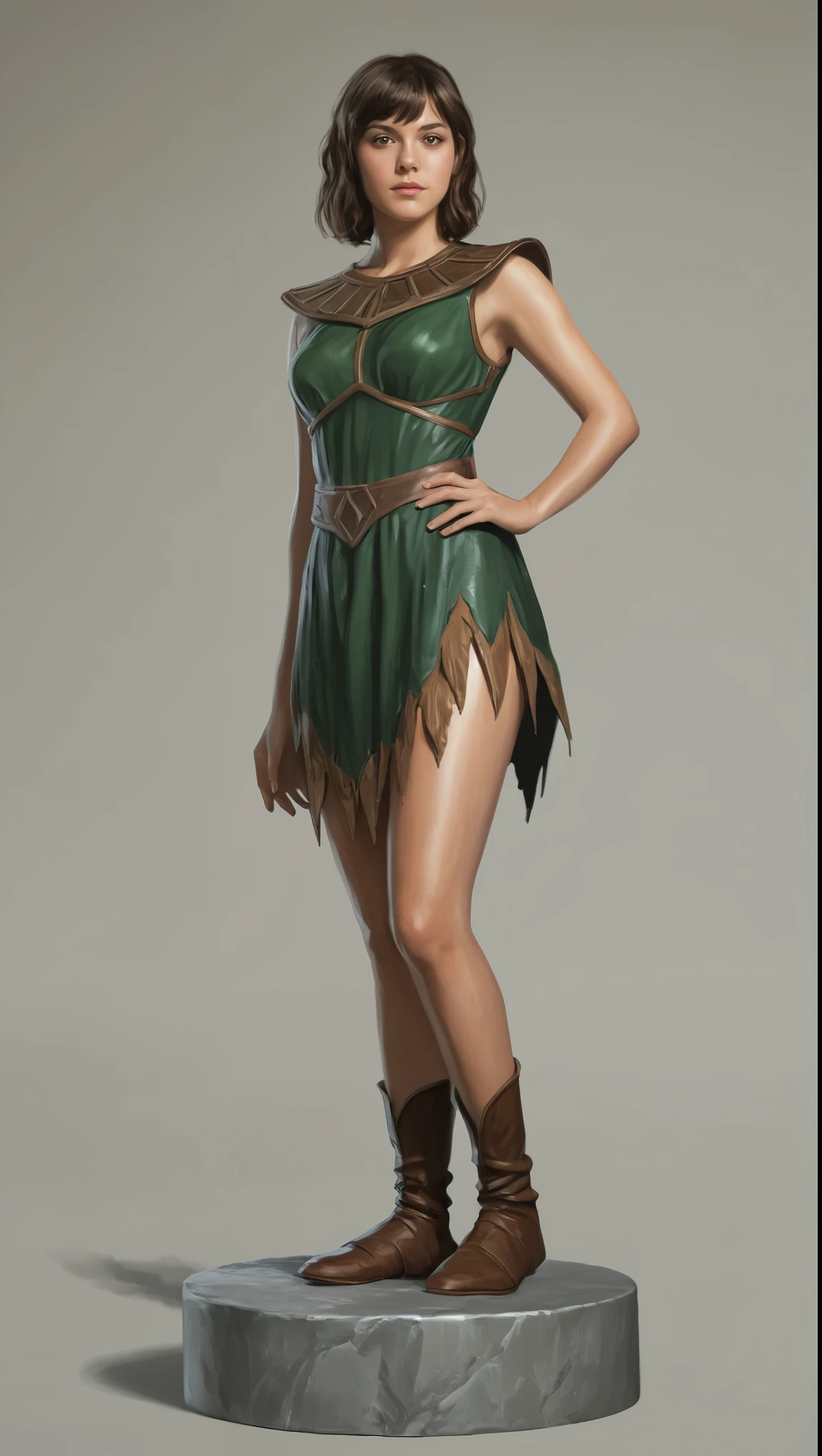 An illustrated movie poster, hand-drawn, full color, a teenage elf girl, wearing an elvin tunic, resembles Mary Elizabeth Winstead, bronze skintone, very tall, athletic body, hourglass figure, curvy, slightly chubby, bottom-heavy, generous hips, massive bubble-butt, ridiculously thick powerful thighs, amber brown eyes, long pointy elf ears, dark hair, shaggy bob, posing on a pedestal, wet glistening skin, hard shadows, graphite shading, stencil marks, airbrushed acrylic paint, masterpiece, in the style of Skyrim 