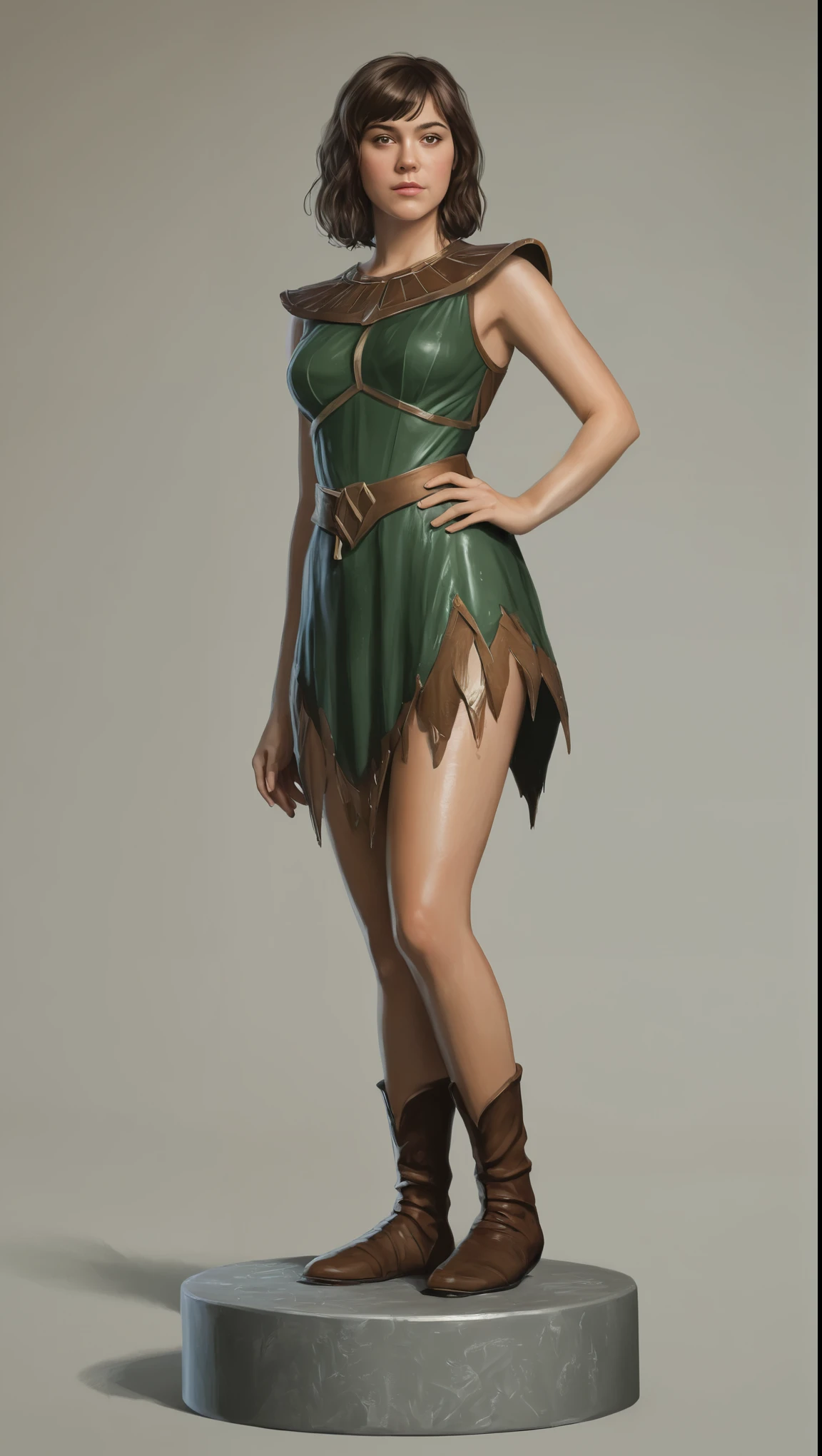 An illustrated movie poster, hand-drawn, full color, a teenage elf girl, wearing an elvin tunic, resembles Mary Elizabeth Winstead, bronze skintone, very tall, athletic body, hourglass figure, curvy, slightly chubby, bottom-heavy, generous hips, massive bubble-butt, ridiculously thick powerful thighs, amber brown eyes, long pointy elf ears, dark hair, shaggy bob, posing on a pedestal, wet glistening skin, hard shadows, graphite shading, stencil marks, airbrushed acrylic paint, masterpiece, in the style of Skyrim