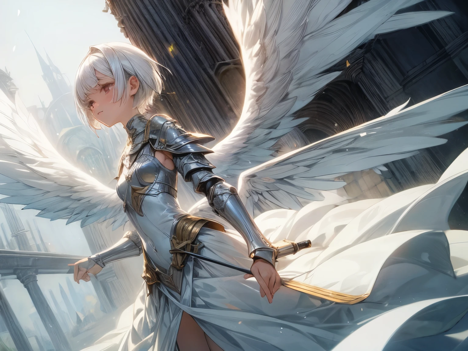 she's smoking, pipe smoking, smoking girl, flying girl, angel, she has one pair of white wings, she has white hair, she has short hair, she has white eyes, she's wearing a light dress, she's wearing a white dress, she's flying, she's in the air, holy aura, she's high, small breast, small hips, she's wearing an holy armor