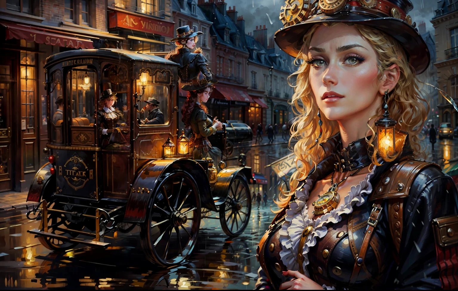 Create an masterpiece of a beautiful steampunk woman stands in the foreground and a steampumk vehicle Taxi in the background in a rainy and wet day in Paris by Vincent van Gogh