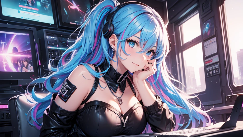 highest quality, Best image quality, girl, 20 years old, medium bust, plump breasts, sparkling amber eyes, aqua eyes, eye reflection, long upper lashes, (((rainbow hair))), long messy hair, Wavy, Top ponytail, ((Black sexy strapless short tube top)), leather jacket, (white denim hot pants), ((Black thigh socks)), Smile, glowing headphones, Diamond earrings, wristband, necklace, ring, ((squat on the chair)), in front of a computer, Playing video games, Leaning forward, Open one shoulder, elated, naughty face, Look at the computer, light blush, beautiful art, background((Hacker Room, Server room, neon lights, braces, notebook)), flight, Debris flying, writing border depth, Movie, visual art, Perfect art, real, Verism, anime style, glowing light, cinematic lighting, chiaroscuro, ray tracing, 8K, masterpiece, super textured skin, super detail face, perfect face, Super fine facial details, beautiful and delicate eyes, perfect eyes, correct limbs, correct figner, super detail figner, best hair quality, best clothing quality, best prop quality