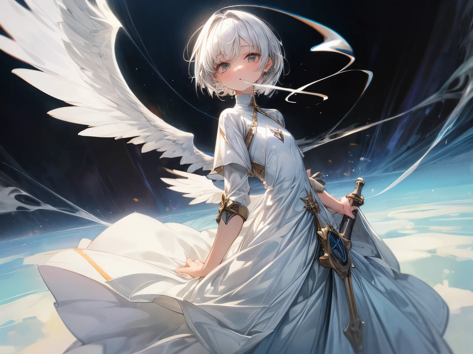 pipe in mouth, pipe smoking, smoking girl, flying girl, angel, she has one pair of white wings, she has white hair, she has short hair, she has white eyes, she's wearing a light dress, she's wearing a white dress, she's flying, she's in the air, holy aura, she's high, small breast, small hips, she's wearing an holy armor