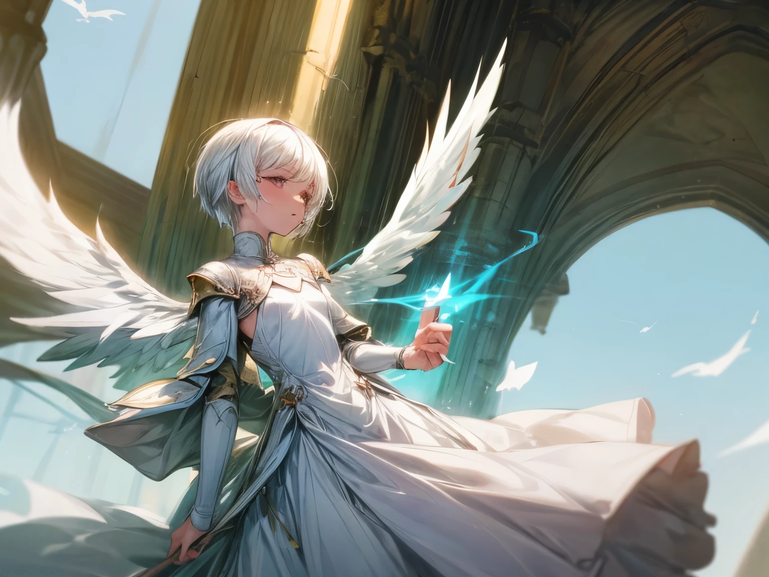 pipe smoking, smoking girl, flying girl, angel, she has one pair of white wings, she has white hair, she has short hair, she has white eyes, she's wearing a light dress, she's wearing a white dress, she's flying, she's in the air, holy aura, she's high, small breast, small hips, she's wearing an holy armor
