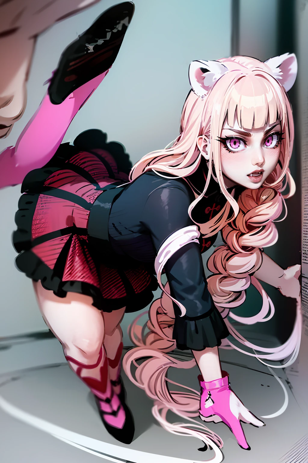 tiger ears, tiger tails, martial art, medium chest, pink hair, skirt, jacket, godess,1girl,coat,standing,, solo focus.1character,,refsheet, character focus, 1character,fangs, cloused mouth,pink hair, green eyes, chinese dress, tomboy,shoes, full body, martial pose karate, kemono mimi, solo focus,