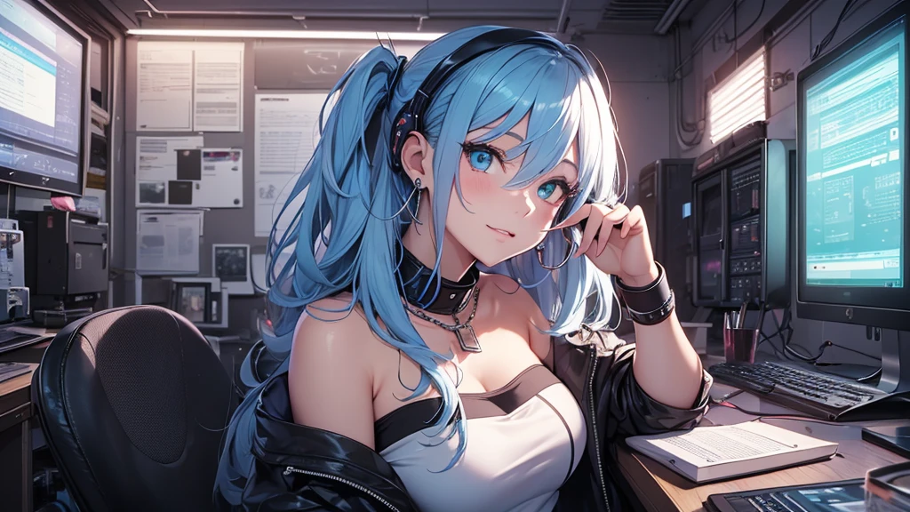 highest quality, Best image quality, girl, 20 years old, medium bust, plump breasts, sparkling amber eyes, aqua eyes, eye reflection, long upper lashes, (((rainbow hair))), long messy hair, Wavy, Top ponytail, ((Black sexy strapless short tube top)), (white denim hot pants), ((Black thigh socks)), Smile, glowing headphones, Diamond earrings, wristband, necklace, ring, ((squat on the chair)), in front of a computer, Playing video games, Leaning forward, Open one shoulder, elated, naughty face, Look at the computer, light blush, beautiful art, background((Hacker Room, Server room, neon lights, braces, notebook)), flight, Debris flying, writing border depth, Movie, visual art, Perfect art, real, Verism, anime style, glowing light, cinematic lighting, chiaroscuro, ray tracing, 8K, masterpiece, super textured skin, super detail face, perfect face, Super fine facial details, beautiful and delicate eyes, perfect eyes, correct limbs, correct figner, super detail figner, best hair quality, best clothing quality, best prop quality