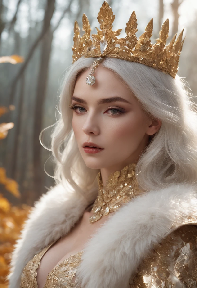 Masterpiece, A beautiful queen, crowned with gold and diamonds sits in the forest in autumn, accompanied by a large white wolf, on the edge of a clear and very beautiful river, high definition at 4k resolution, sharp focus, with very detailed facial features and realistic visual style, high detail face, high detail skin, high resolution, photo-realistic, cinematic lighting, depth of field, bokeh