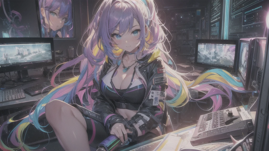 highest quality, Best image quality, girl, 20 years old, medium bust, plump breasts, sparkling amber eyes, aqua eyes, eye reflection, long upper lashes, (((rainbow hair))), long messy hair, Wavy, Top ponytail, ((Black sexy strapless short tube top)), leather jacket, (white denim hot pants), ((Black thigh socks)), Smile, glowing headphones, Diamond earrings, wristband, necklace, ring, ((squat on the chair)), in front of a computer, Playing video games, Leaning forward, Open one shoulder, elated, naughty face, Look at the computer, light blush, beautiful art, background((Hacker Room, Server room, neon lights, braces, notebook)), flight, Debris flying, writing border depth, Movie, visual art, Perfect art, real, Verism, anime style, glowing light, cinematic lighting, chiaroscuro, ray tracing, 8K, masterpiece, super textured skin, super detail face, perfect face, Super fine facial details, beautiful and delicate eyes, perfect eyes, correct limbs, correct figner, super detail figner, best hair quality, best clothing quality, best prop quality