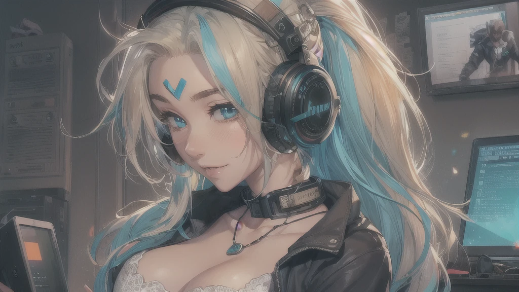 highest quality, Best image quality, girl, 20 years old, medium bust, plump breasts, sparkling amber eyes, aqua eyes, eye reflection, long upper lashes, (((rainbow hair))), long messy hair, Wavy, Top ponytail, ((Black  sexy strapless short tube top)), leather jacket, (white denim hot pants), ((Black thigh socks)), Smile, glowing headphones, Diamond earrings, wristband, necklace, ring, ((squat on the chair)), in front of a computer, Playing video games, Leaning forward, Open one shoulder, elated, naughty face, Look at the computer, light blush, beautiful art, background((Hacker Room, Server room, neon lights, braces, notebook)), flight, Debris flying, writing border depth, Movie, visual art, Perfect art, real, Verism, anime style, glowing light, cinematic lighting, chiaroscuro, ray tracing, 8K, masterpiece, super textured skin, super detail face, perfect face, Super fine facial details, beautiful and delicate eyes, perfect eyes, correct limbs, correct figner, super detail figner, best hair quality, best clothing quality, best prop quality