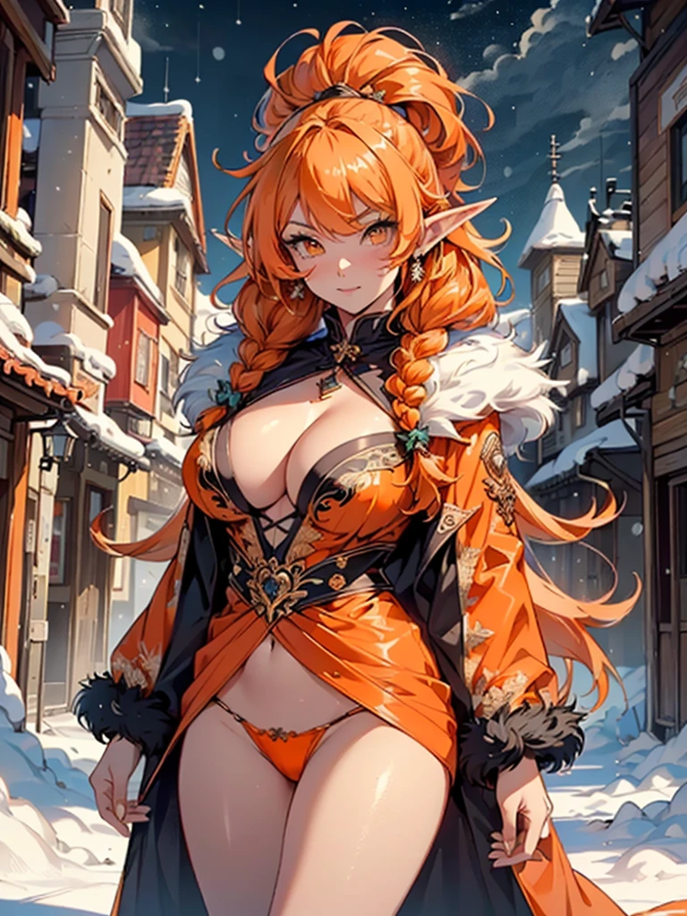cute elf,(((little ,tiny little body,little))),((())),((anime elf with extremely cute and beautiful orange hair)), (((elf))), (((elf ears))),
(((flat chest))),((((orange hair:1.35,messy orange hair,long hair,huge braids,colored inner hair,ear breathing)))),(((orange_eyes:1.3))),intricate eyes,beautiful detailed eyes,symmetrical eyes,big eyes:1.5,(((lustrous skin:1.5,bright skin: 1.5,skin tanned,shiny skin,very shiny skin,shiny body,plastic glitter skin,exaggerated shiny skin,illuminated skin))),(detailed body,(detailed face)),
cute,slutty,erotic,daring,(((nsfw))),
zettai ryouiki,revealing clothing,show skin,(((Sexy orange coat, orange coat outfit, wearing a orange coat:1.3,orange winter coat))), ((orange mini-skirt,orange mini skirt with furry edge,visible thong straps)),(white gloves,orange clothes,semi-naked,with little orange clothing,((((furry edge clothing)))),(((intricate outfit,intricate clothes,embroidered outfit,ornate outfit))),
(dynamic pose:1.0),embarrassed,(centered,scale to fit dimensions,Rule of thirds),
((snowy pine forest at night)),with dark stormy clouds,winter,scenery:1.25,((snow forest background)),Christmas tree,
highres,sharp focus,(ultra detailed,extremely detailed),(photorealistic artwork:1.37),(extremely detailed CG unity 8k wallpaper),(((vibrant colors,vibrant theme))),(intricate),(masterpiece),(best quality),