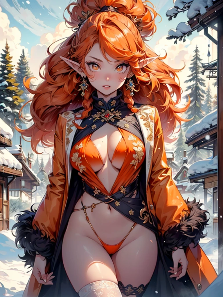 cute  elf,(((little ,tiny little body,little))),(((6 years old))),((anime elf  with extremely cute and beautiful orange hair)), (((elf))), (((elf ears))),

(((flat chest))),((((orange hair:1.35,messy orange hair,long hair,huge braids,colored inner hair,ear breathing)))),(((orange_eyes:1.3))),intricate eyes,beautiful detailed eyes,symmetrical eyes,big eyes:1.5,(((lustrous skin:1.5,bright skin: 1.5,skin tanned,shiny skin,very shiny skin,shiny body,plastic glitter skin,exaggerated shiny skin,illuminated skin))),(detailed body,(detailed face)),

cute,slutty,erotic,daring,(((nsfw))),

zettai ryouiki,revealing clothing,show skin,(((Sexy orange coat, orange coat outfit, wearing a orange coat:1.3,orange winter coat))), ((orange mini-skirt,orange mini skirt with furry edge,visible thong straps)),(white gloves,orange clothes,semi-naked,with little orange clothing,((((furry edge clothing)))),(((intricate outfit,intricate clothes,embroidered outfit,ornate outfit))),

(dynamic pose:1.0),embarrassed,(centered,scale to fit dimensions,Rule of thirds),

((snowy pine forest at night)),with dark stormy clouds,winter,scenery:1.25,((snow forest background)),Christmas tree,

highres,sharp focus,(ultra detailed,extremely detailed),(photorealistic artwork:1.37),(extremely detailed CG unity 8k wallpaper),(((vibrant colors,vibrant theme))),(intricate),(masterpiece),(best quality),