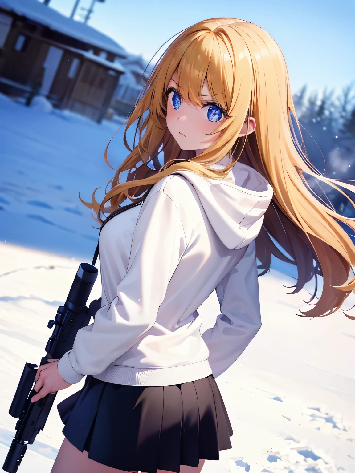 1woman,super beautiful,morning,Facing backwards, camera angle from behind,walking,Holding a gun,angry expression,cute,morning,snow backgrounds,half body photo,Beautiful eyes, very detailed face,cute,long hoodie,white hoodie, tennis skirt,HD face, perfect face,black mini skirt,black mini skirt,Very big breasts,Blonde hair,long hair,wavy hair,bangs,blue eyes,ultra detail,ultra Hd, masterpiece,4k