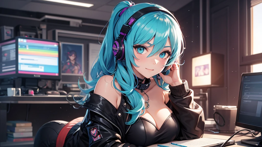 highest quality, Best image quality, girl, 20 years old, medium bust, plump breasts, sparkling amber eyes, aqua eyes, eye reflection, long upper lashes, (((rainbow hair))), long messy hair, Wavy, Top ponytail, ((Black sexy strapless short tube top)), leather jacket, (white denim hot pants), ((Black thigh socks)), Smile, glowing headphones, Diamond earrings, wristband, necklace, ring, ((squat on the chair)), in front of a computer, Playing video games, Leaning forward, Open one shoulder, elated, naughty face, Look at the computer, light blush, beautiful art, background((Hacker Room, Server room, neon lights, braces, notebook)), flight, Debris flying, writing border depth, Movie, visual art, Perfect art, real, Verism, anime style, glowing light, cinematic lighting, chiaroscuro, ray tracing, 8K, masterpiece, super textured skin, super detail face, perfect face, Super fine facial details, beautiful and delicate eyes, perfect eyes, correct limbs, correct figner, super detail figner, best hair quality, best clothing quality, best prop quality