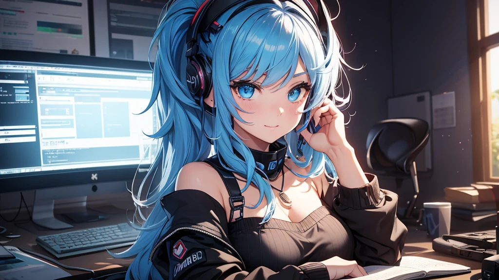 highest quality, Best image quality, girl, 20 years old, medium bust, plump breasts, sparkling amber eyes, aqua eyes, eye reflection, long upper lashes, (((rainbow hair))), long messy hair, Wavy, Top ponytail, ((Black sexy strapless short tube top)), leather jacket, (white denim hot pants), ((Black thigh socks)), Smile, glowing headphones, Diamond earrings, wristband, necklace, ring, ((squat on the chair)), in front of a computer, Playing video games, Leaning forward, Open one shoulder, elated, naughty face, Look at the computer, light blush, beautiful art, background((Hacker Room, Server room, neon lights, braces, notebook)), flight, Debris flying, writing border depth, Movie, visual art, Perfect art, real, Verism, anime style, glowing light, cinematic lighting, chiaroscuro, ray tracing, 8K, masterpiece, super textured skin, super detail face, perfect face, Super fine facial details, beautiful and delicate eyes, perfect eyes, correct limbs, correct figner, super detail figner, best hair quality, best clothing quality, best prop quality
