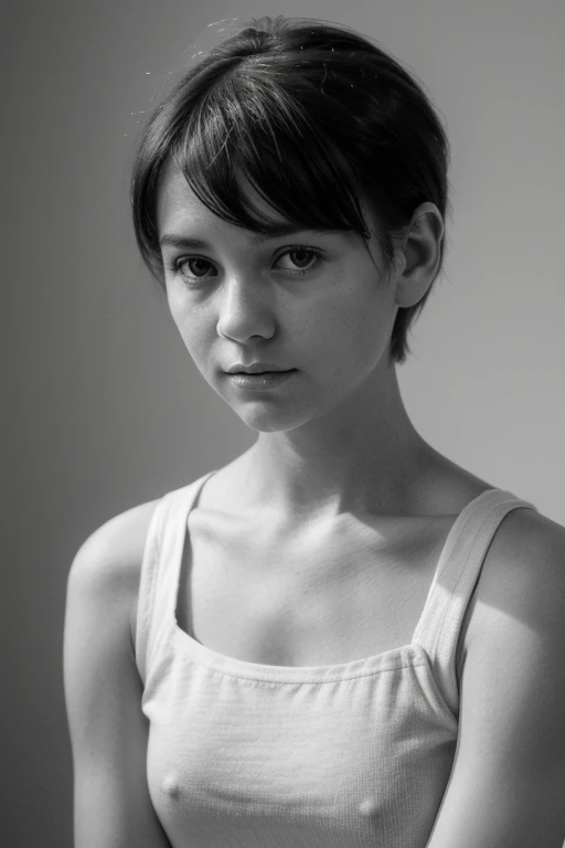(Close up) (Monochrome) chiaroscuro, sad, cute, plain t-shirt, black and white, 90s girl, simple background, minimalistic, posing, ((photoshot)), girl with pixie cut hairstyle, woman, dark background highlighting the figure. Natural lighting, stunning realism, minimalistic, simple background, shy, content, nadia.