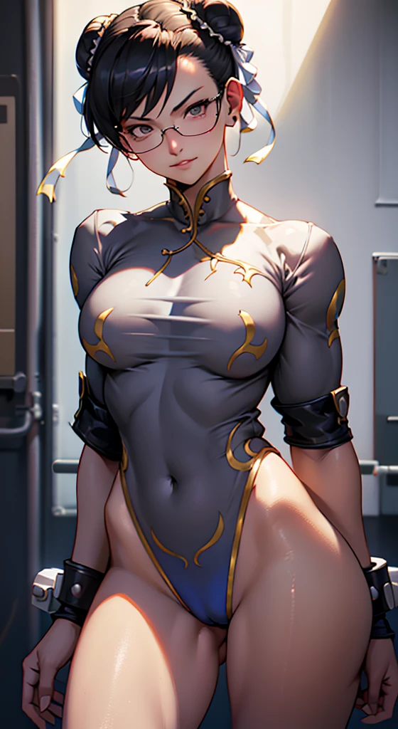 solo, masterpiece, best quality, agrias, grey sweater, black leotard, standing, looking at viewer, short hair,oculos,evil smile, evil look, chun li,luvas preta,roupa azul,yandere rosto,low lighting,coxa sarada