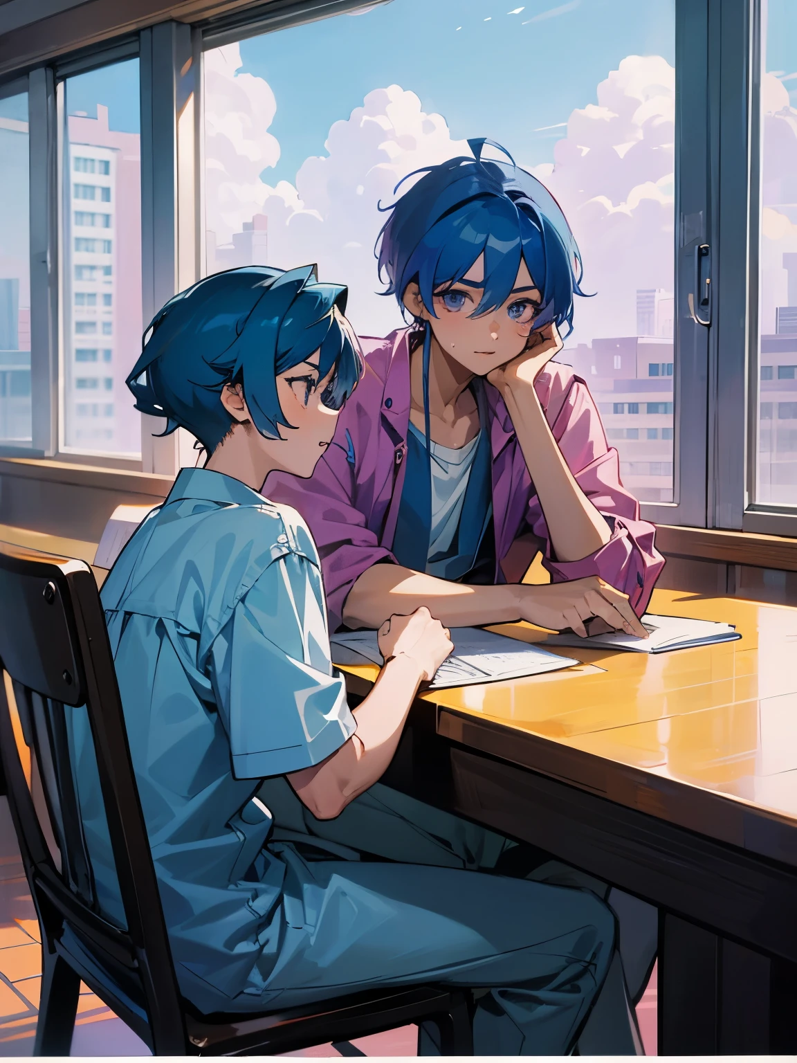 cartoon of two boys sitting at a table with a book and a backpack, ddlc, in the art style of 8 0 s anime, 9 0 s anime style, 90s anime style, in anime style, in an anime style, anime aesthetic, anime vibes, 9 0 s anime aesthetic, 9 0 s anime art style, lofi boy, typical anime classroom, beautiful background window, two cute boys, beautiful faces, two boys, don't extra hands, NO extra hands, generate two boys with NO extra hands, NO extra arm