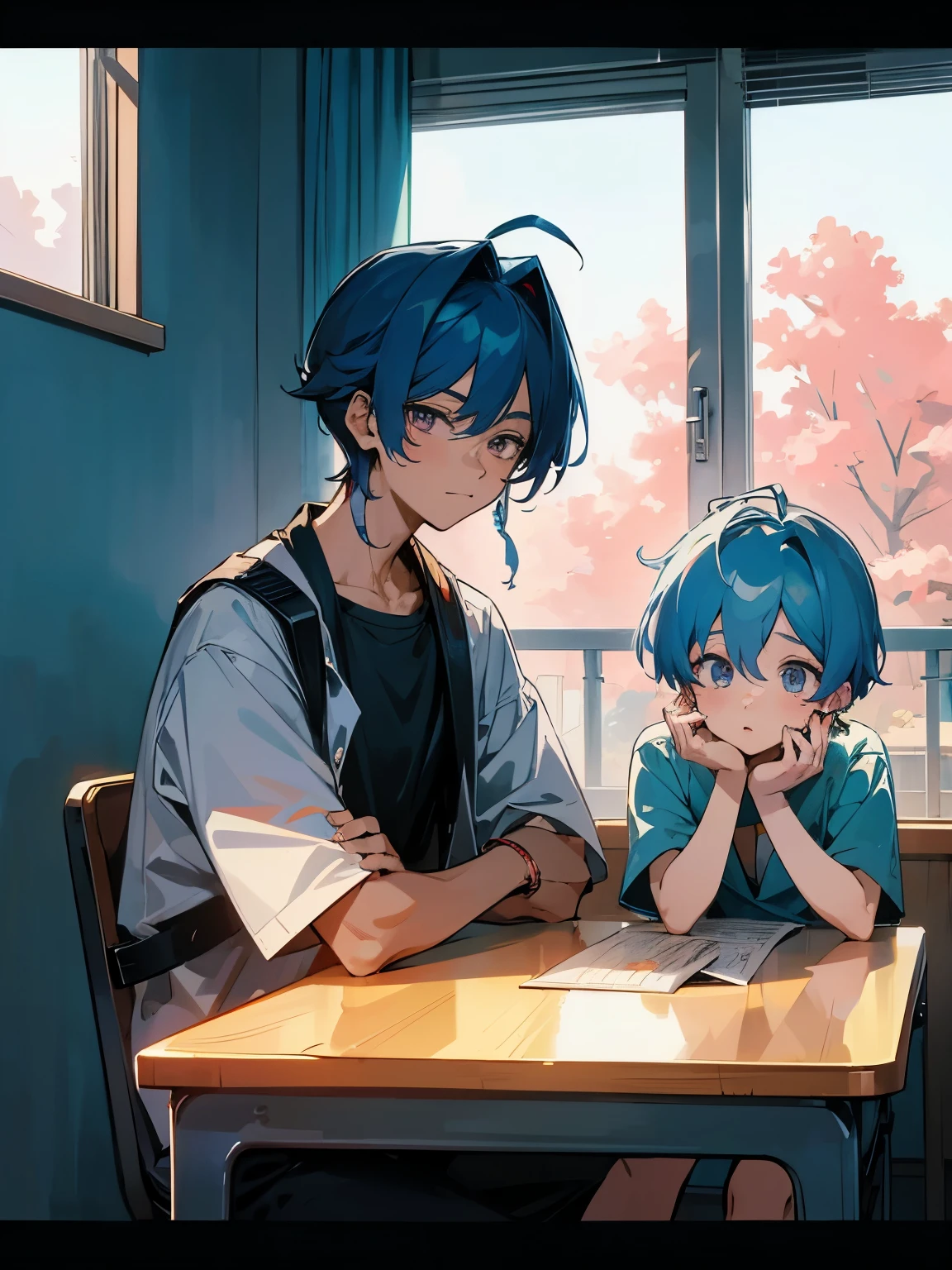 cartoon of two boys sitting at a table with a book and a backpack, ddlc, in the art style of 8 0 s anime, 9 0 s anime style, 90s anime style, in anime style, in an anime style, anime aesthetic, anime vibes, 9 0 s anime aesthetic, 9 0 s anime art style, lofi boy, typical anime classroom, beautiful background window, two cute boys, beautiful faces, two boys, don't extra hands, NO extra hands, generate two boys with NO extra hands, NO extra arm