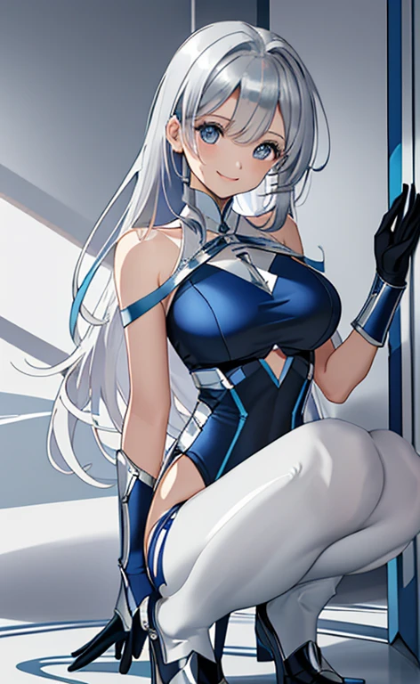 ((​masterpiece、top-quality:1.5、a high chroma:1.5、ultra-detailliert、high-resolution illustrations:1.5、Ultra-high-definition CG、8k size wallpaper、offcial art))、(upper body)、(1girl),(light smile
:1.5)、(clear face:1.3),(stand,squatting),
(silver-only color scheme:1.5,blue-only color scheme:1.5),(sexy body),(One only wears silver, one only wears blue),(neck holder straplessleotard),(long hair), (large breasts)、
()、