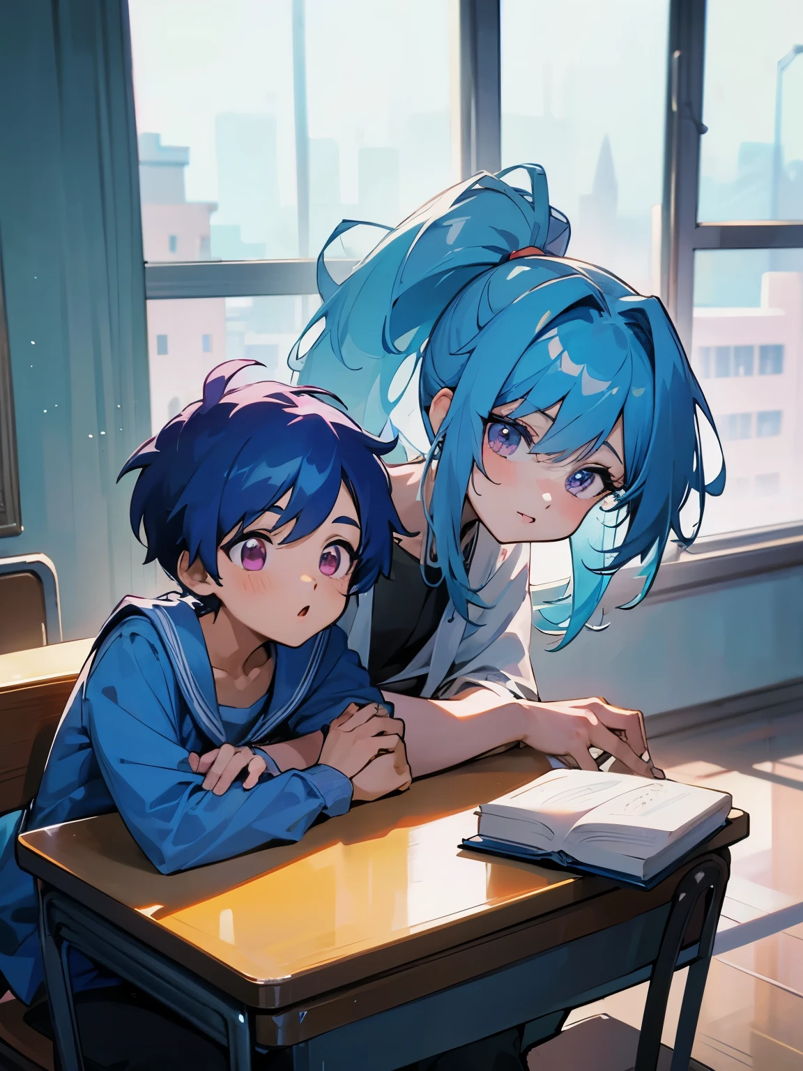 cartoon of two boys sitting at a table with a book and a backpack, ddlc, in the art style of 8 0 s anime, 9 0 s anime style, 90s anime style, in anime style, in an anime style, anime aesthetic, anime vibes, 9 0 s anime aesthetic, 9 0 s anime art style, lofi boy, typical anime classroom, beautiful background window, two cute boys, beautiful faces, two boys, don't extra hands, NO extra hands, generate two boys with NO extra hands, NO extra arm