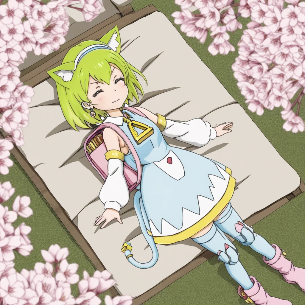 1 girl,Deltamon,blue tail,chibi character、spring、cherry blossoms、sleep
