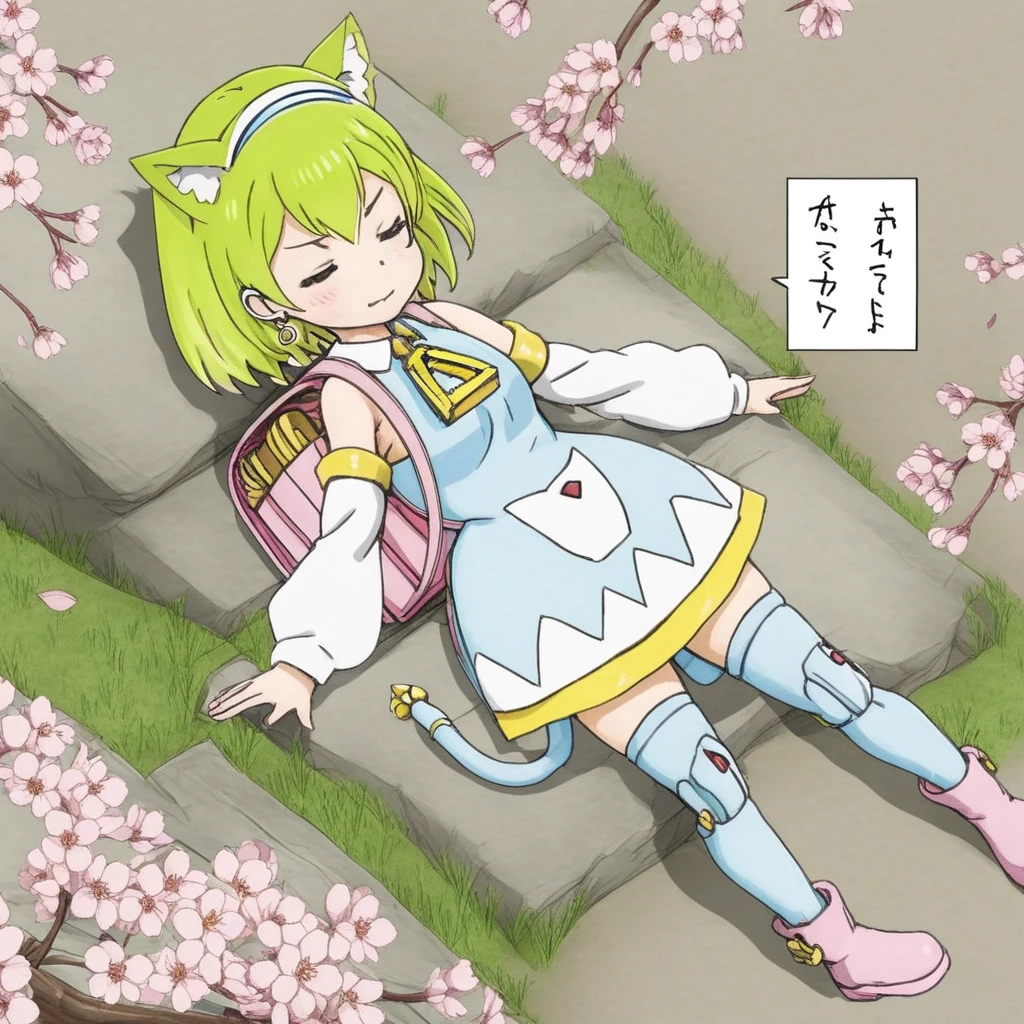 1 girl,Deltamon,blue tail,chibi character、spring、cherry blossoms、sleep