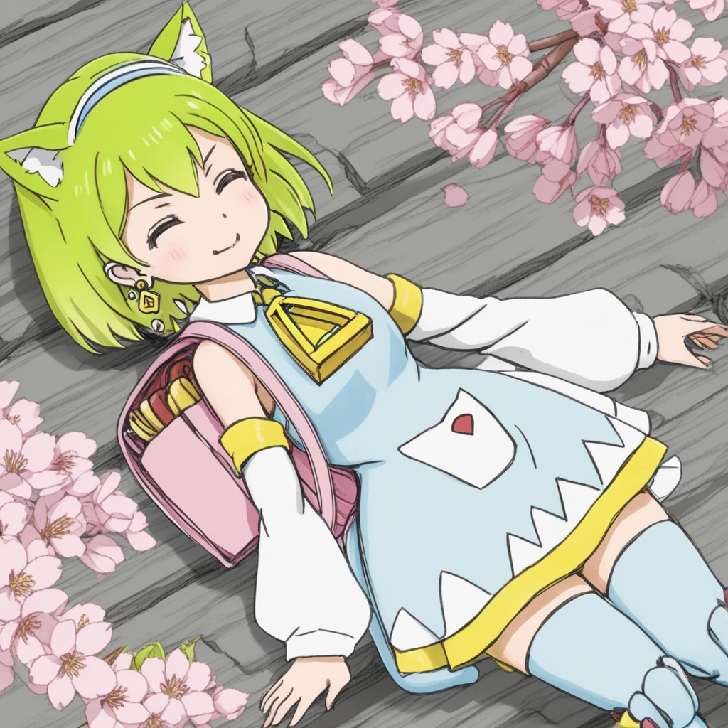 1 girl,Deltamon,blue tail,chibi character、spring、cherry blossoms、sleep