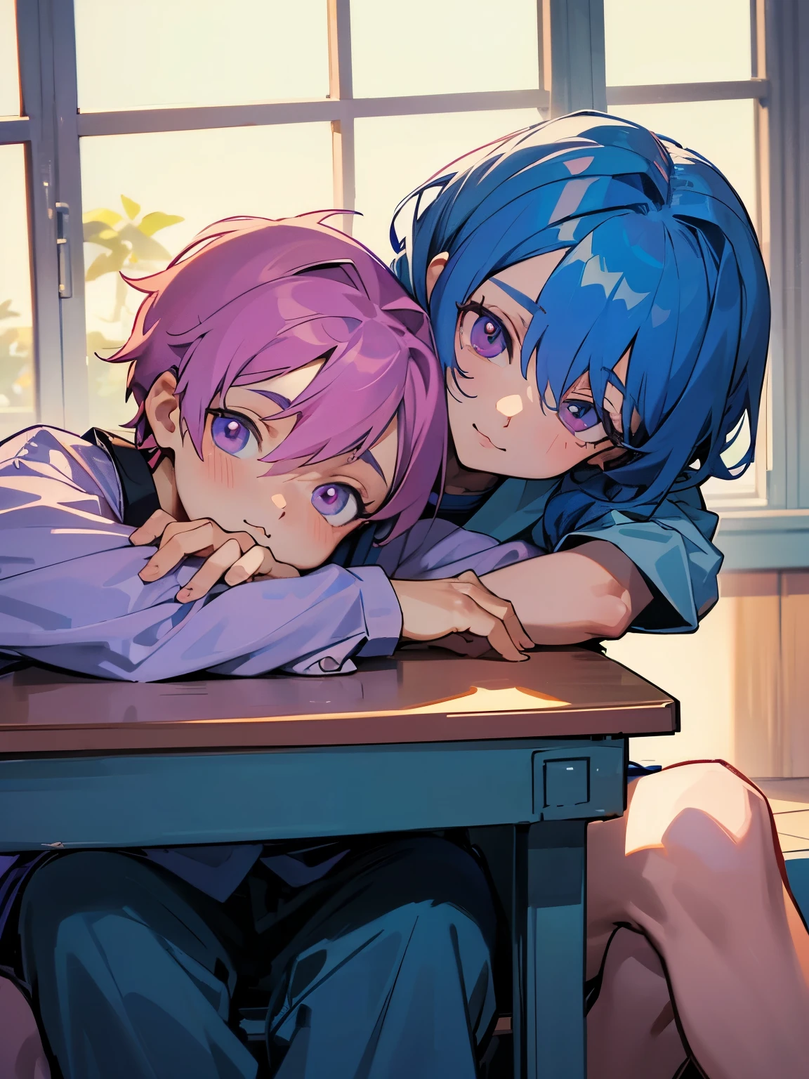 cartoon of two boys sitting at a table with a book and a backpack, ddlc, in the art style of 8 0 s anime, 9 0 s anime style, 90s anime style, in anime style, in an anime style, anime aesthetic, anime vibes, 9 0 s anime aesthetic, 9 0 s anime art style, lofi boy, typical anime classroom, beautiful background window, two cute boys, beautiful faces, two boys, don't extra hands, NO extra hands, generate two boys with NO extra hands, NO extra arm