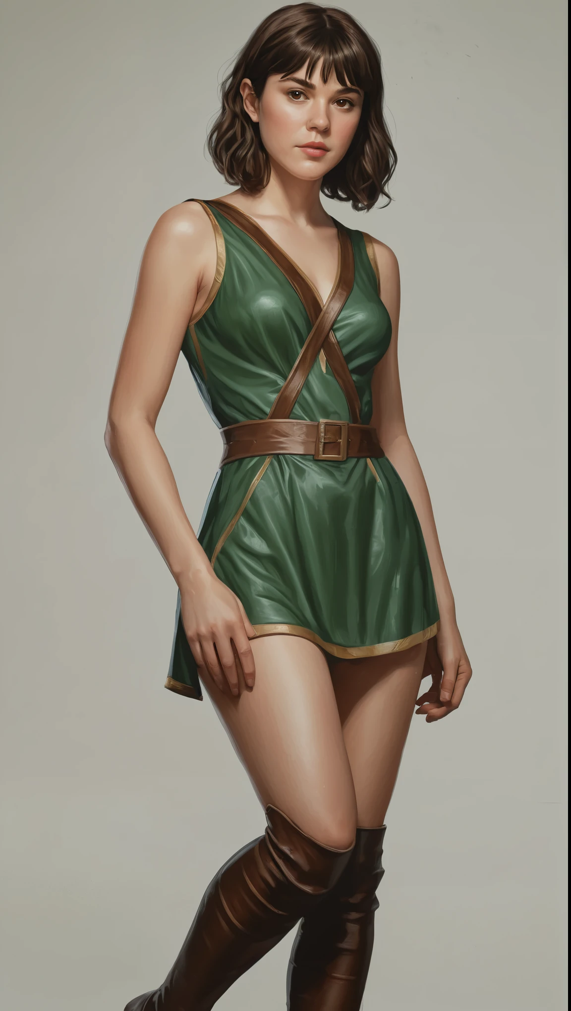 An illustrated movie poster, hand-drawn, full color, a age elf girl, wearing an elvin tunic, resembles Mary Elizabeth Winstead, bronze skintone, very tall, athletic body, hourglass figure, curvy, slightly chubby, bottom-heavy, generous hips, massive bubble-butt, ridiculously thick powerful thighs, amber brown eyes, long pointy elf ears, dark hair, shaggy bob, posing on a pedestal, wet glistening skin, hard shadows, graphite shading, stencil marks, airbrushed acrylic paint, masterpiece, in the style of the Witcher