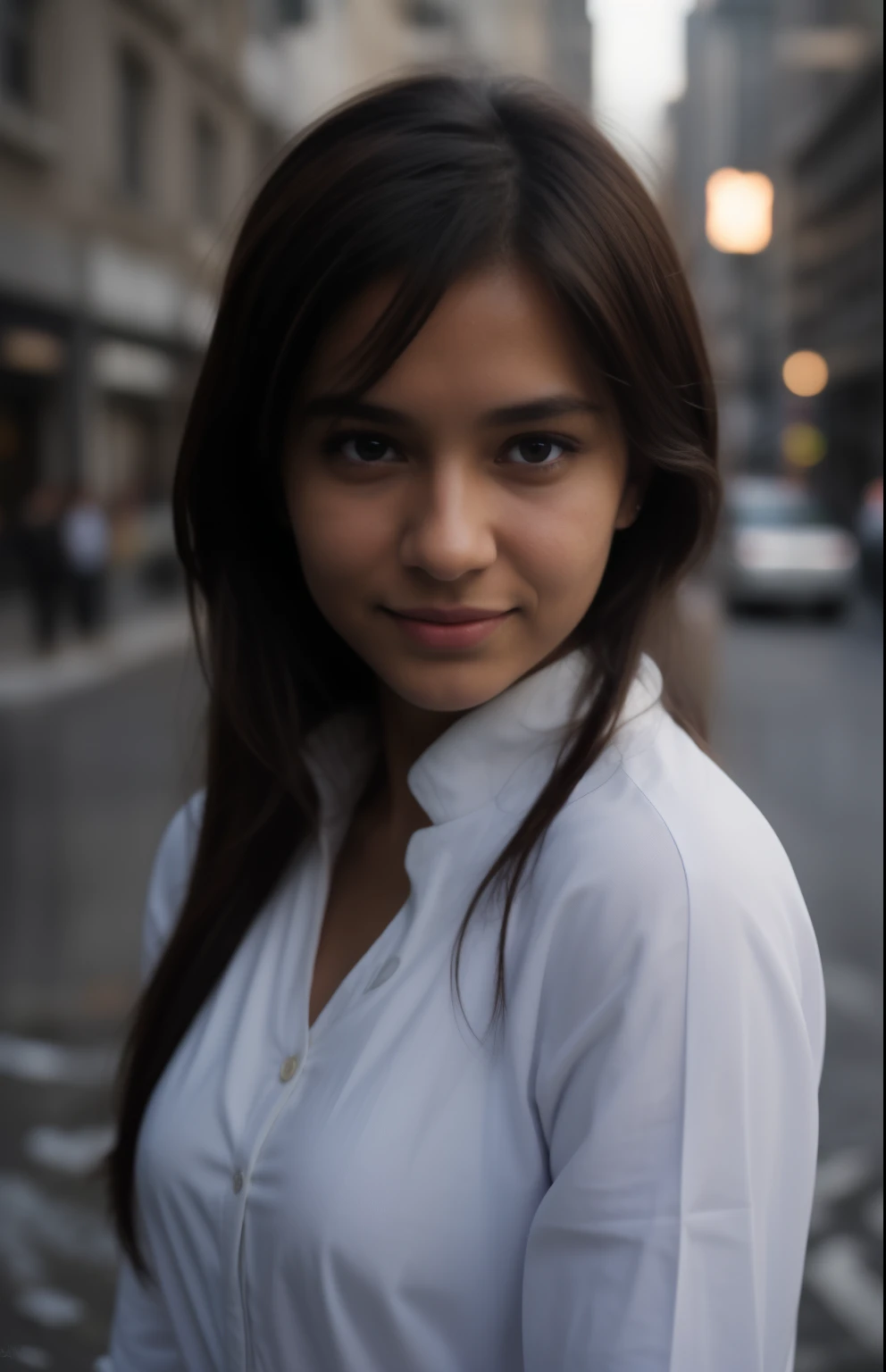 here is a woman in a oversized white shirt with buttons,white shirt,smiling,shy,happy,Grey jeans,full sleeve,fully covered,outside,city,long hair,************,snow background, night,neon lighting,indian girl with brown skin,europe street, sexy girl with dark complexion, tanned beauty portrait, hyper realistic, realistic digital painting, detailed beauty portrait, detailed beautiful portrait, with brown skin, in a europe city, photorealistic beautiful face, photorealistic, realistic female portrait, realistic woman
