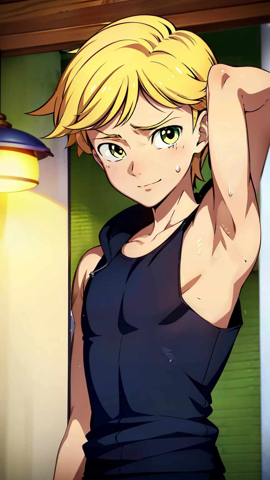 highres,Masterpiece， Best quality at best,Best Quality,hight quality, hight detailed, realistic, photorealistic, Anime style, 1boy,  Boy, Adrien, indoor, Cheerful boy, Sleeveless hoodie, Blonde, (Showing armpit:1.3), Sweat, boy focus, Simple beckground