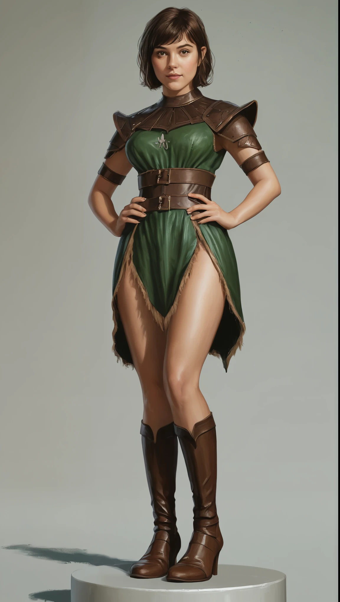 An illustrated movie poster, hand-drawn, full color, a teenage elf girl, wearing an elvin tunic, resembles Mary Elizabeth Winstead, bronze skintone, very tall, athletic body, hourglass figure, curvy, slightly chubby, bottom-heavy, generous hips, massive bubble-butt, ridiculously thick powerful thighs, amber brown eyes, long pointy elf ears, dark hair, shaggy bob, posing on a pedestal, wet glistening skin, hard shadows, graphite shading, stencil marks, airbrushed acrylic paint, masterpiece, in the style of the Witcher