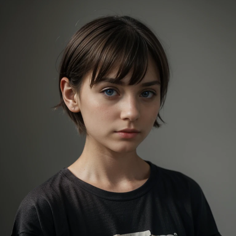 (Monocrhome), (Sad), ((dark)), dismal expression, (t-shirt) (thoughtful poses) pensive expression, chiaroscuro, black and white, 90s girl, simple background, minimalistic, beautifull, ((photoshot)), baggy clothes, girl with pixie cut hairstyle, woman, dark background highlighting the figure. Natural lighting, stunning realism, minimalistic, simple background, thoughtful expression, (sad), trap, nadia.