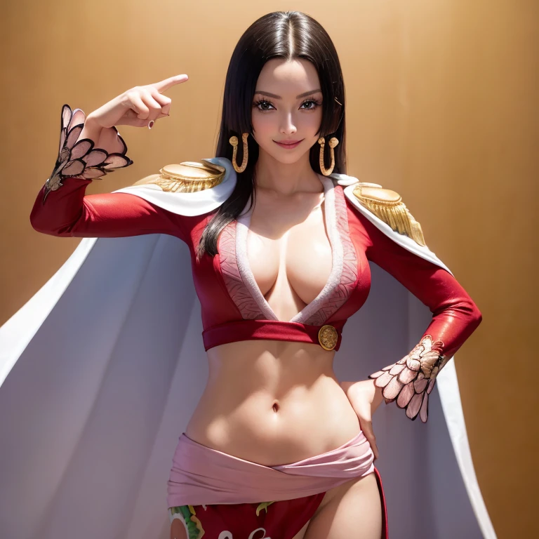 (masterpiece, best quality:1.2), cowboy shot, solo, 1girl, boa hancock, smile, looking at viewer, hand on hip, cape, epaulettes, cleavage, jewelry, earrings, midriff, perfect finger hand, (pointing finger forward in the form of a gun with your hands):1.5