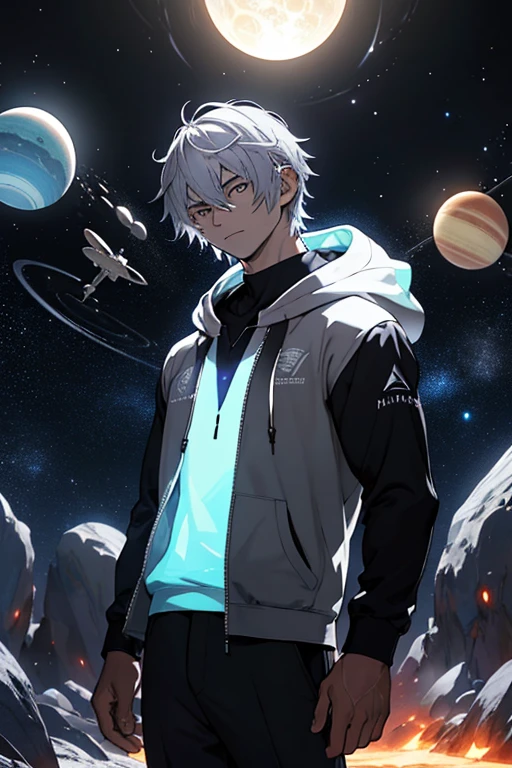 Draw a young programmer, darkskined, silver hair, silver aura. He is standing, studying a holographic writing e, surrounded by several asteroids glowing with fiery auras. Dramatic lighting from distant stars and planets illuminates the scene, casting deep shadows on the suit. The young man looks confident and determined, looking at the vast and mysterious universe with wonder and respect,in a casual hoodie 
