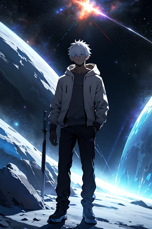 Draw a young programmer, darkskined, silver hair, silver aura. He is standing, studying a holographic writing e, surrounded by several asteroids glowing with fiery auras. Dramatic lighting from distant stars and planets illuminates the scene, casting deep shadows on the suit. The young man looks confident and determined, looking at the vast and mysterious universe with wonder and respect,in a casual hoodie 