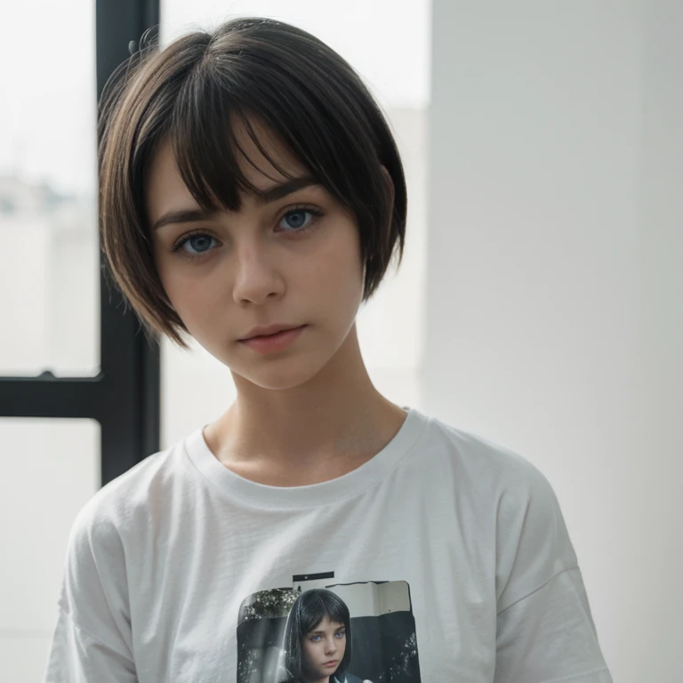 (Monocrhome), (Sad), ((dark)), dismal expression, (t-shirt) (thoughtful poses) pensive expression, chiaroscuro, black and white, 90s girl, simple background, minimalistic, beautifull, ((photoshot)), baggy clothes, girl with pixie cut hairstyle, woman, dark background highlighting the figure. Natural lighting, stunning realism, minimalistic, simple background, thoughtful expression, (sad), trap, nadia.