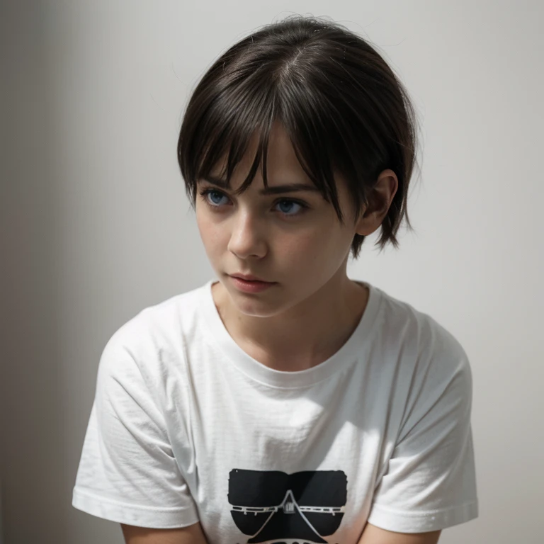 (Monocrhome), (Sad), ((dark)), dismal expression, (t-shirt) (thoughtful poses) pensive expression, chiaroscuro, black and white, 90s girl, simple background, minimalistic, beautifull, ((photoshot)), baggy clothes, girl with pixie cut hairstyle, woman, dark background highlighting the figure. Natural lighting, stunning realism, minimalistic, simple background, thoughtful expression, (sad), trap, nadia.