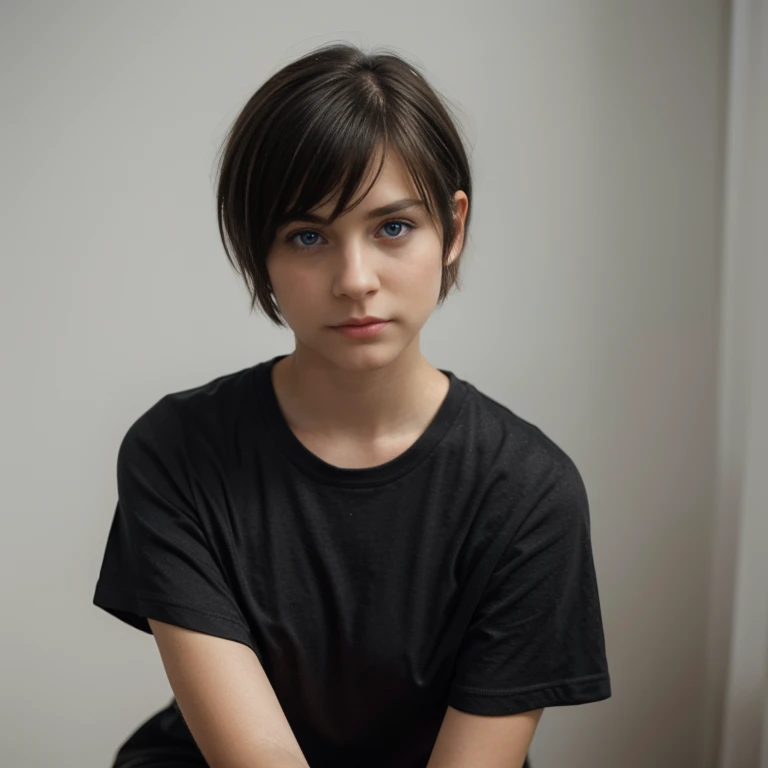 (Monocrhome), (Sad), ((dark)), dismal expression, (t-shirt) (thoughtful poses) pensive expression, chiaroscuro, black and white, 90s girl, simple background, minimalistic, beautifull, ((photoshot)), baggy clothes, girl with pixie cut hairstyle, woman, dark background highlighting the figure. Natural lighting, stunning realism, minimalistic, simple background, thoughtful expression, (sad), trap, nadia.