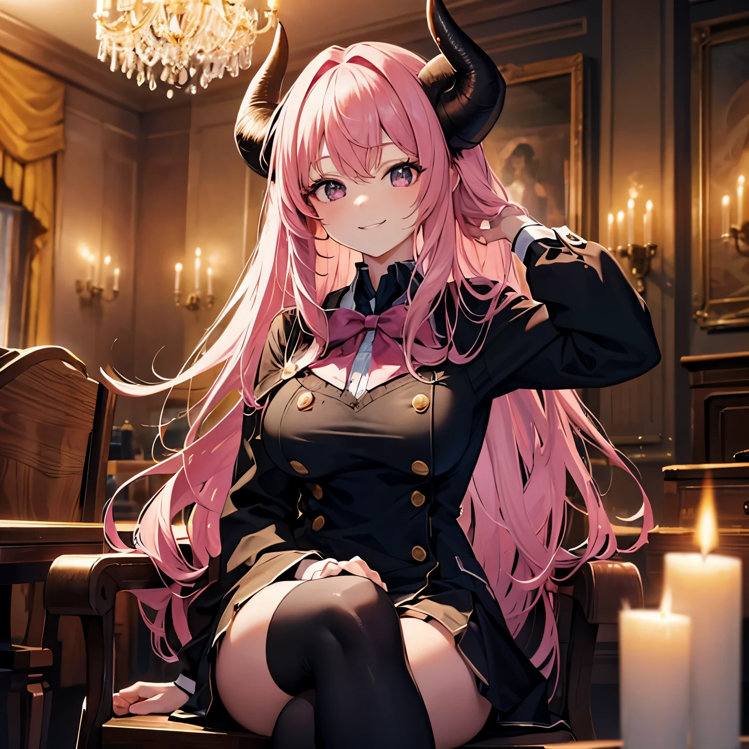1 woman, demon girl posing in sofa, helpless ready to be fucked, blushed face, demon horns, white shirt, shor black skirt,big breast, a picture by Shitao, pixiv, anime girls, seductive smile while unbutton her shirt, (half body illustration), (beautiful detailed eyes:1.6), extremely detailed face, perfect lighting, extremely detailed CG, (perfect hands, perfect anatomy).