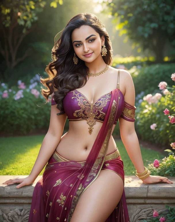 (masterpiece portrait photography:1.4) of a  alluring ravishing curvy Sonakshi Sinha, posing in shopping mall, wearing beautiful, wearing strappy vintage ornate Western outfit, night background, wings like a fairy, running fire in front of her, ornate royal garden, (long flowing wavy backlit hair:1.2), fair radiant skin, vivacious, lustful glance, exhilarated (captivating kohl lined eyes:1.1) , (seductive smile:1.3) soft dramatic lighting, falling petals and flowers bokeh, key lighting, backlit, light rays, highly detailed, trending on artstation, paint splashes, rich colour, wind all around, abstract portrait, by Ron hicks, different location, varietis of saree, different position, different style, proper eyes,