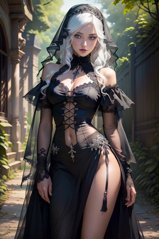 Beauty in white hair, with a veil on the eyes, gothic wedding dress, Perfect proportions, (detailed eyes, eye correction), Girl posing for a photo, slim girl, (gothic decoration:1.5), Definition and sharpness of textures, under a tree on a hill, sensuality, Full Body Shot, (Delicate images), (Raw photo: 1.4), (Photorealistic: 1.6), (Highly detailed), (high resolution), (Best quality), (masterpiece)